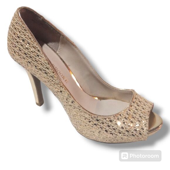 Audrey Brooke Quillan Brocade Glitter Peep Toe Heels-Size 7.5-Metallic Trim - Picture 1 of 9